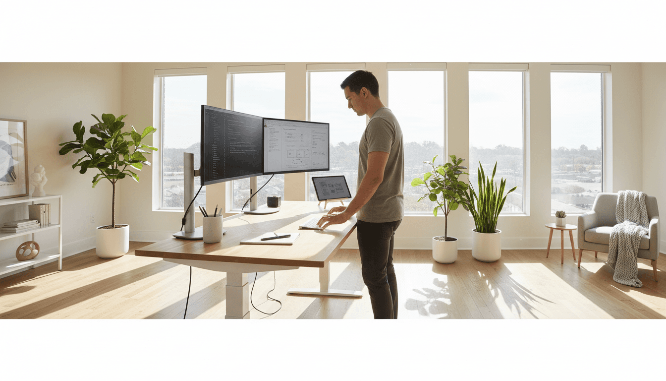 Aaron Mbuyi working in a modern tech workspace with multiple monitors in Kinshasa